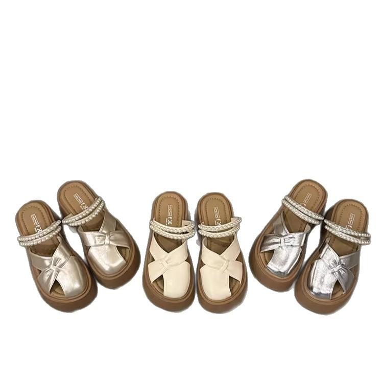 Baotou Half Slippers Women's New Summer Pearls Two Wear Thick Bottom Design Sense Hollow One Pedal Lazy Half Tray