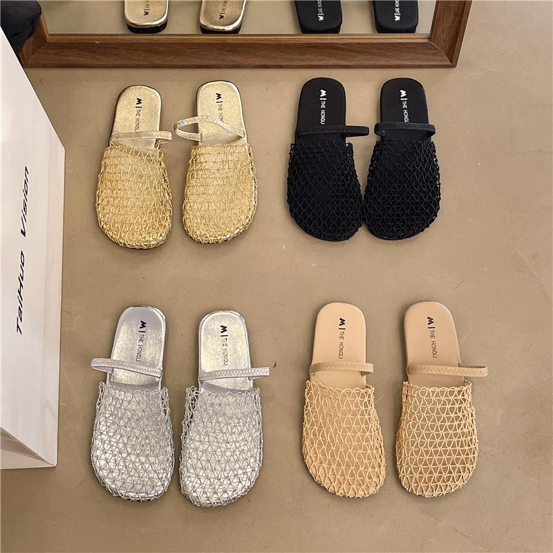 Fashion French Style Mesh Trimming Soft-soled Slippers for Women 2025 Summer New Outdoor Beach Vacation Rome Semi-slippers Sandals