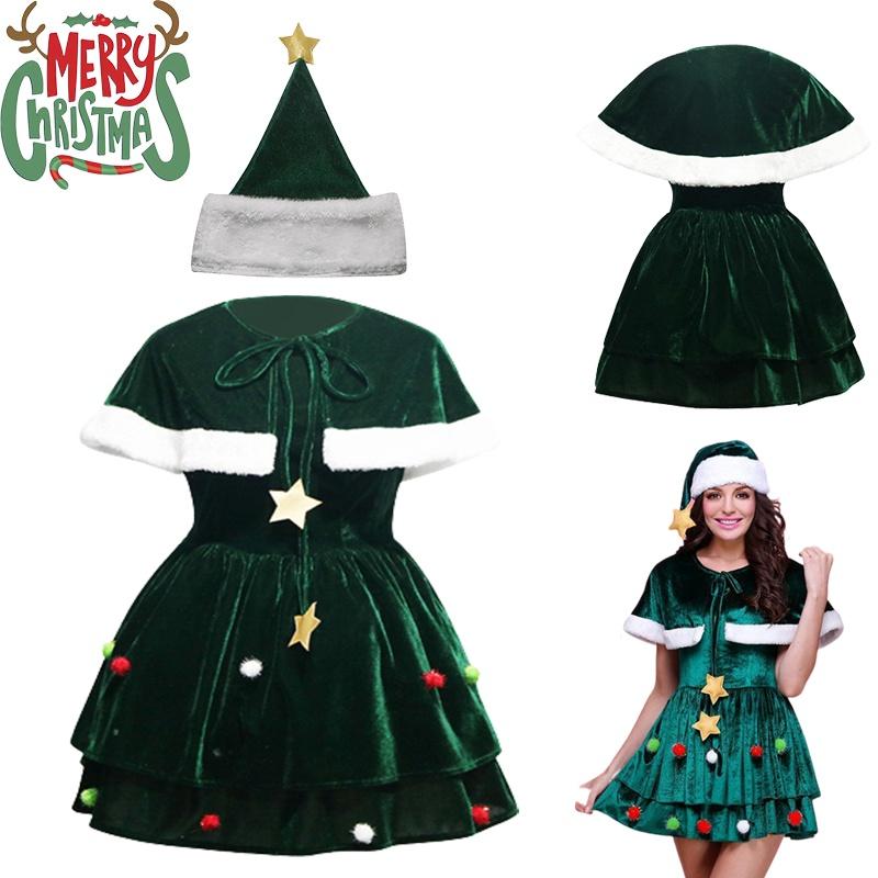 Luxury Xmas Velvet Women Christmas Tree Outfit Dress Cloak Hat Party Props Plus Size