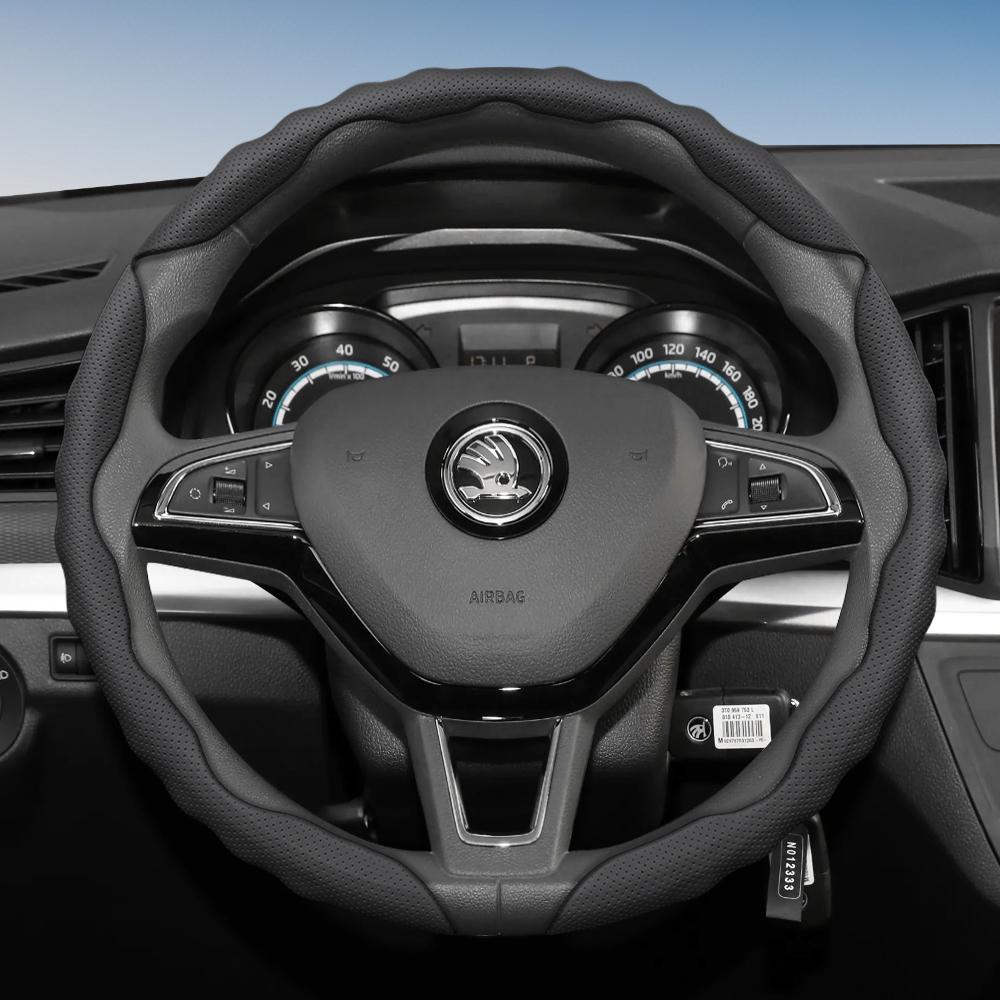 Suitable for Skoda Steering Wheel Cover with Wavy Sports Design, Breathable Leather, Segmented, Non-Slip, Sweat-Absorbent Protection for Octavia,