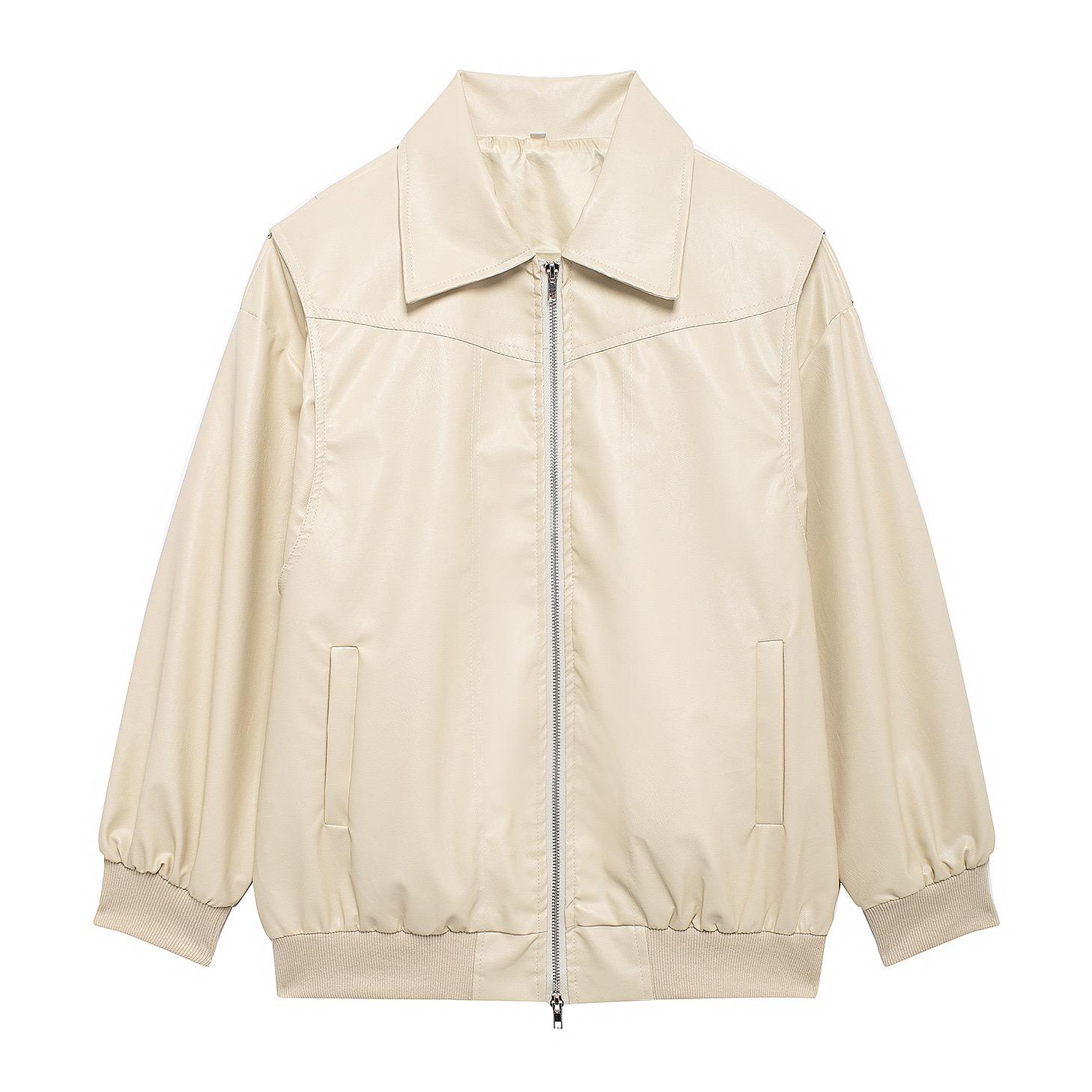 

VAYLA Женские кожаные куртки-бомберы на молнии, пальто, контрастная строчка, лацкан, длинный рукав, куртка, мотоциклетная верхняя одежда, топы S