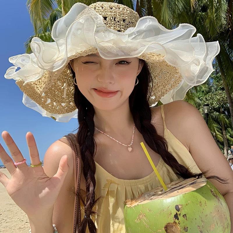 Lace Straw Sun Hat Children Large Brim Summer Breathable Straw Hat Seaside Full Face Shade Beach Hat Tide