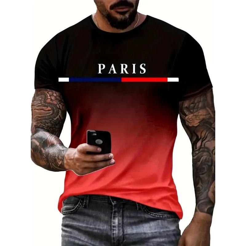 Summer Gradient Paris Letter 3D Printed T-shirt for Outdoor Sports Quick Drying Short Sleeved Men's T-shirts