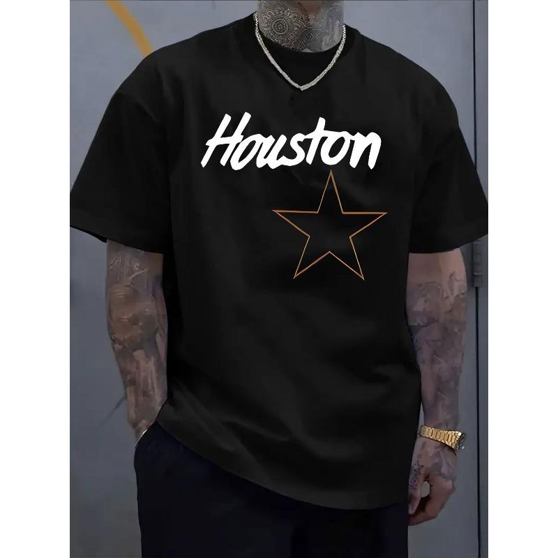 

Men S Houston Letter Star Print Short-Sleeve T-Shirt | Trendy Round Neck, Slightly Stretchy Fabric, The Perfect Choice for Casual Streetwear in Summer S