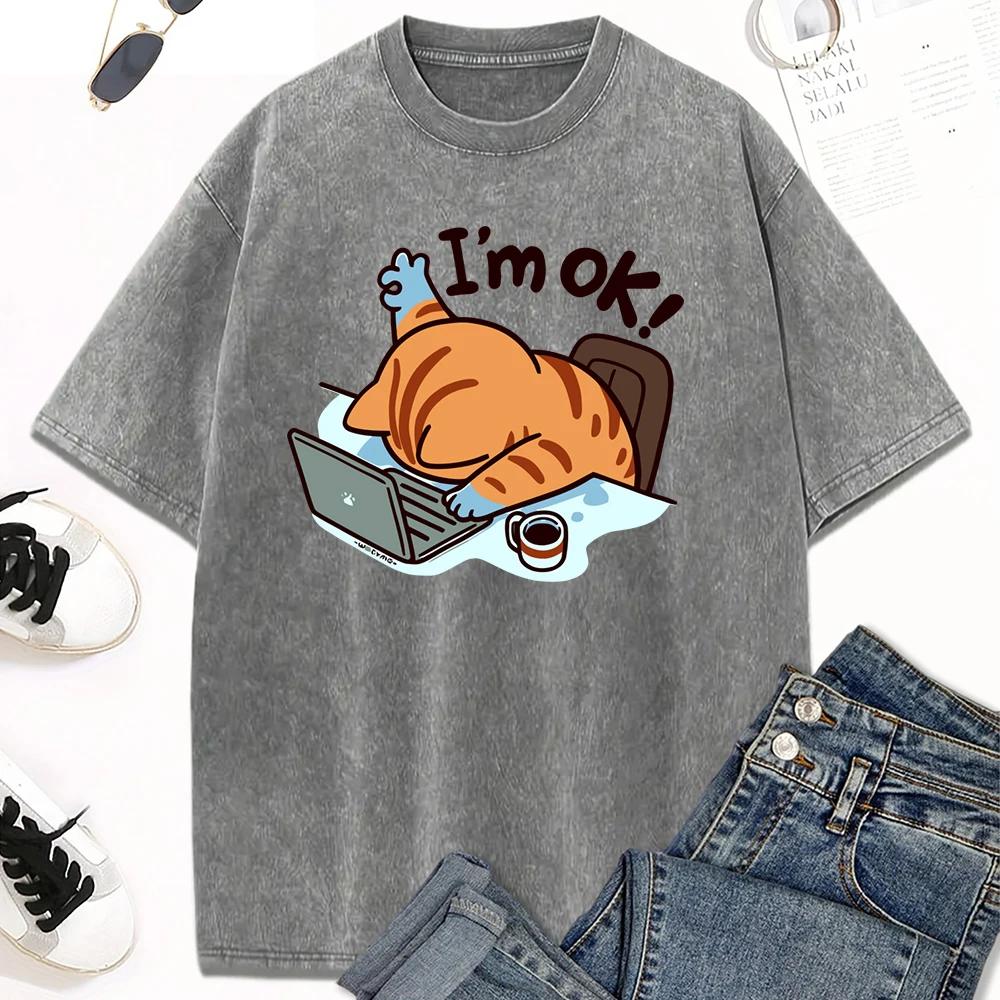Arbetsdesign katt vatten tvätt vintage T-shirt herr- och dam sommar modekläder avslappnad kombination T-shirt