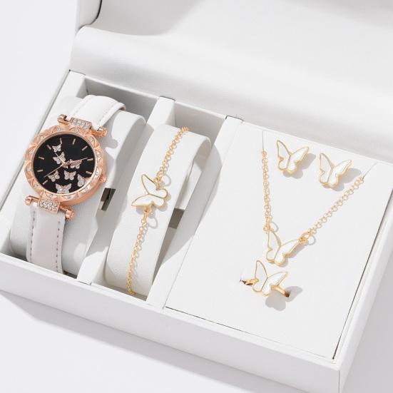 Yousheng 1 Set Women Watch Necklace Bracelet Ring Ear Studs Rhinestone Butterflies Round Faux Leather Strap Ladies Dress Wrist Watch Fashion Jewelry