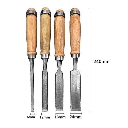 Set of 4 Chisels for Carpentry, 6/12/18/24mm, Chrome Vanadium Steel, Excellent Sharpness, Professional Grade