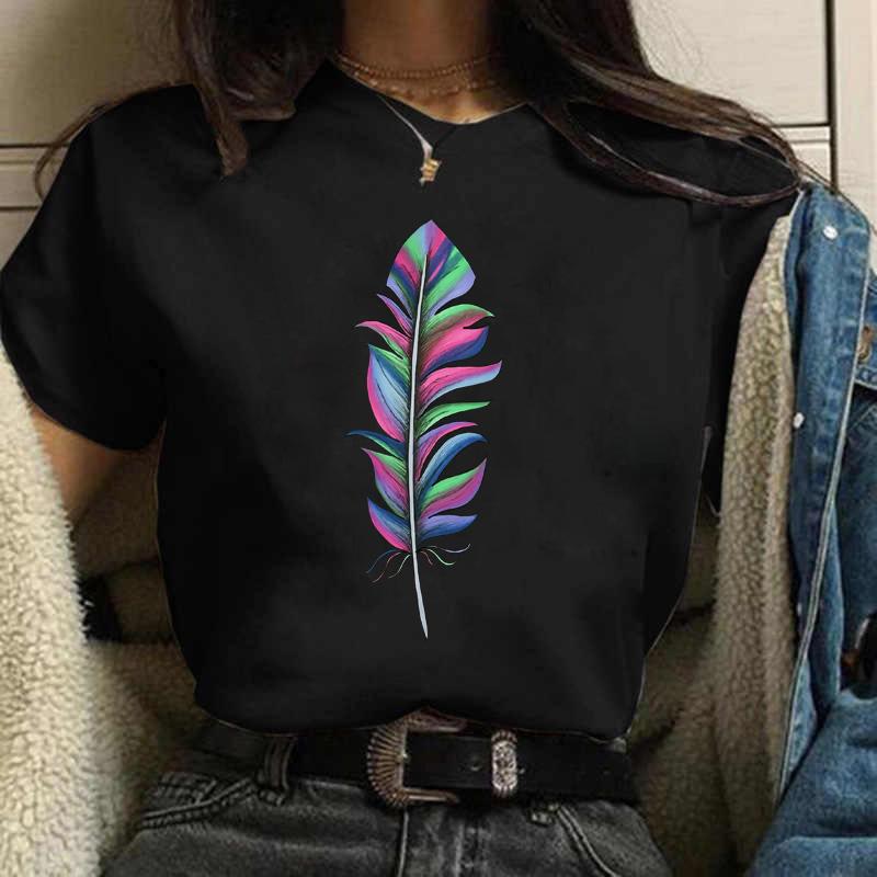 Women's T-shirt Watercolor Feather Graphic Printed T Shirt Women Short Sleeve Tshirt 90s Streetwear Female Clothes Tops