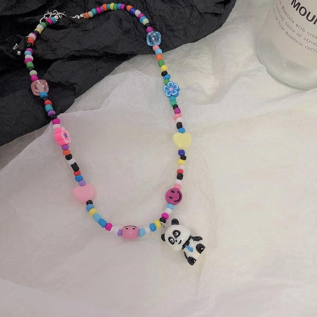 New colorful beads cartoon rainbow panda necklace personalized female cream sweet girl accessories cute cool sweet jewelry collarbone chain