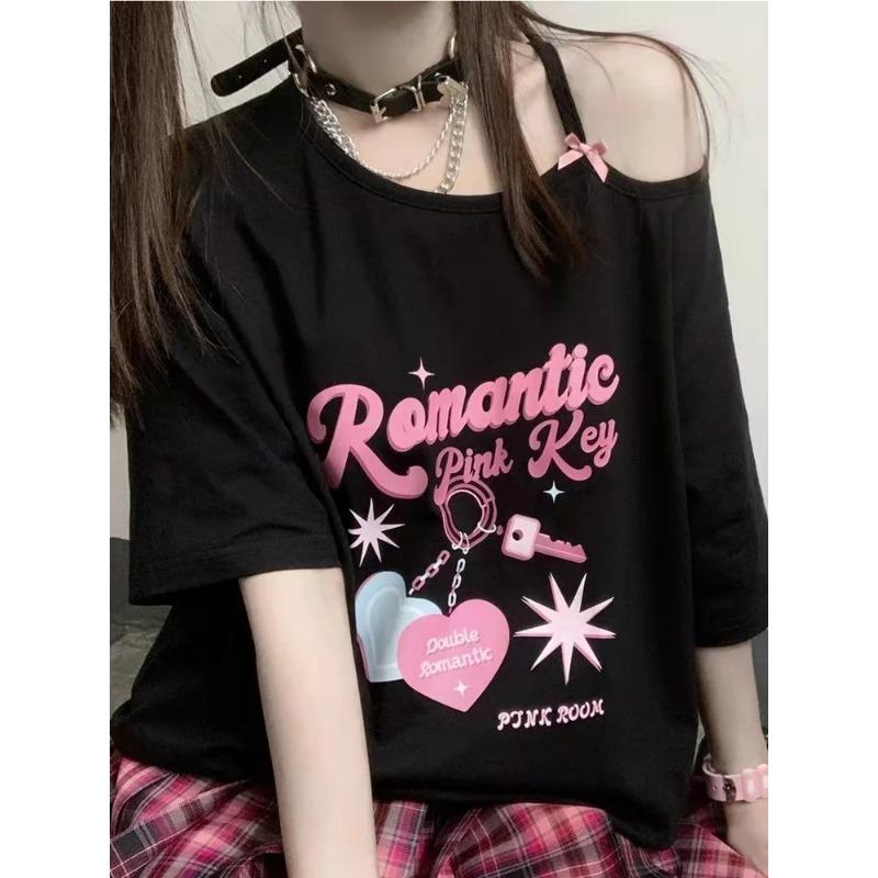 Women Kawaii Off Shoulder T-shirt Harajuku Sweet Girl White Tops Y2k Aesthetic Cute Graphic Tees Japanese Fashion Shirt