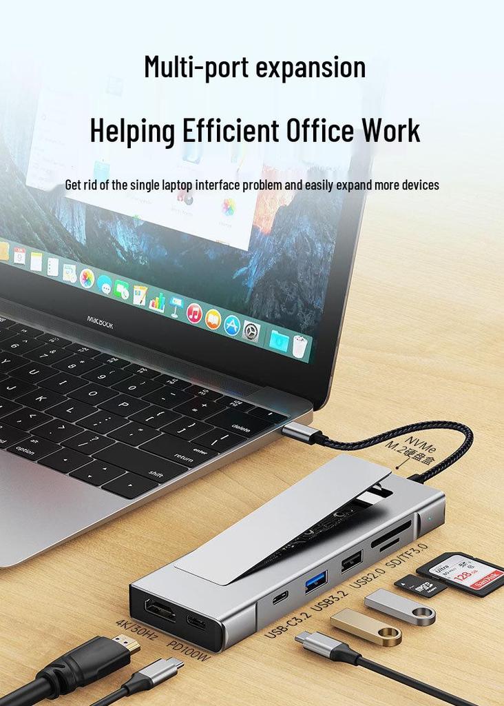 M.2 SSD Enclosure Dock with Type-C Hub 3.2, 10G Multi-Port Docking
