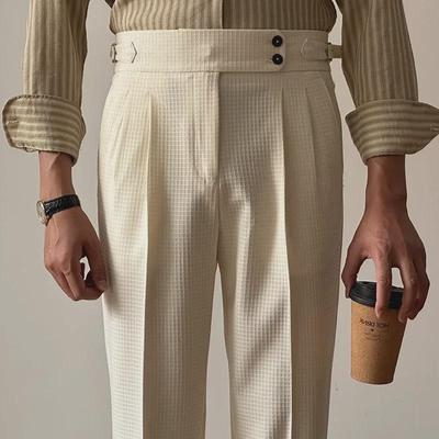 Men's Light Apricot High-Waist Waffle Check Double-Pleat Trousers