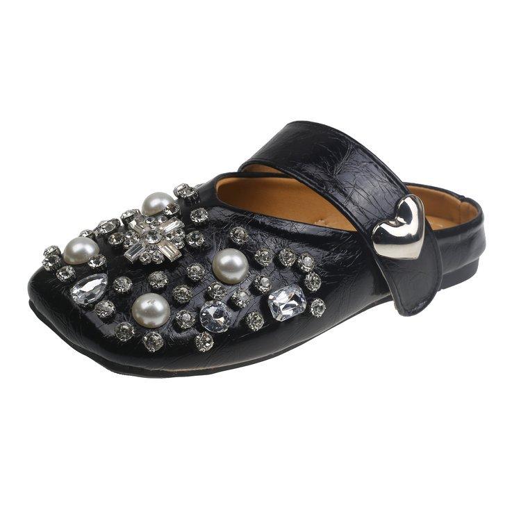 Baotou Half Slippers Women's Outer Wear 2025 New Summer Sandals Flat Bottom Mary Jane Rhinestone Retro Ins Shoes