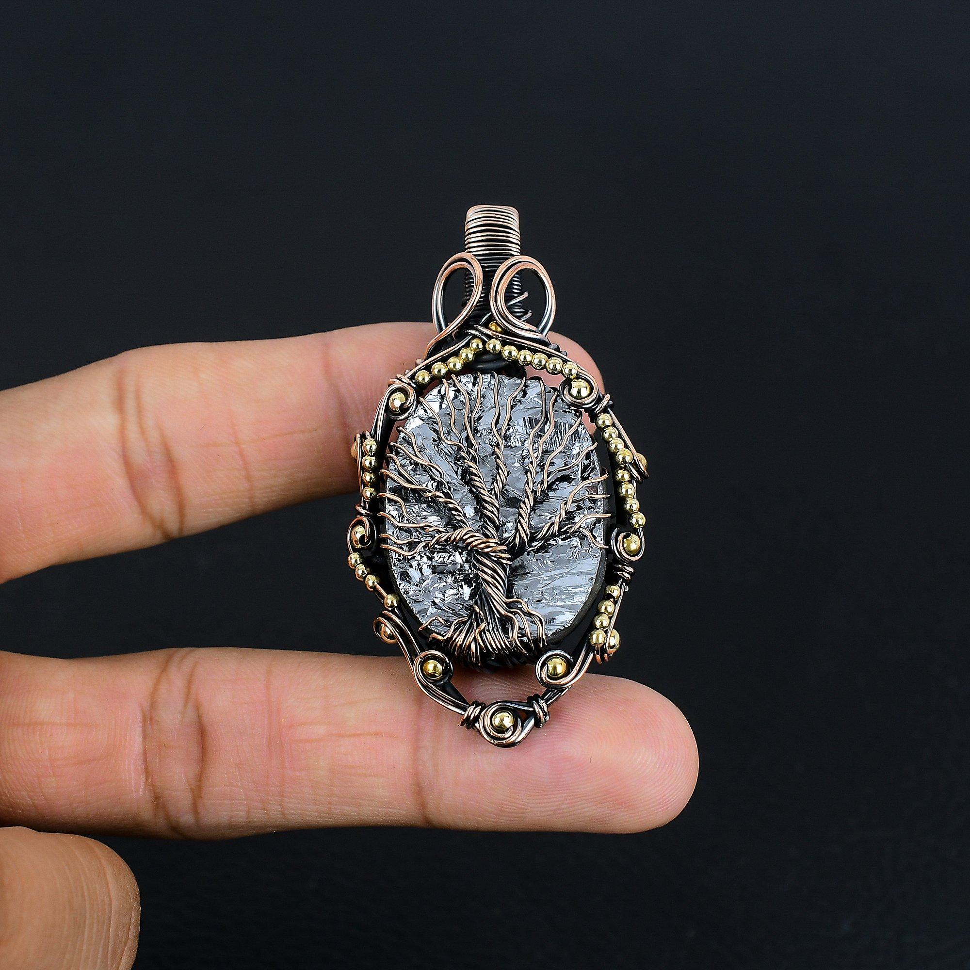 

Tree Of Life Shungite Pendant, 999 Copper Wire Wrapped Gemstone Jewelry, Handmade Pendant, For Thanksgiving 2.48 Inches