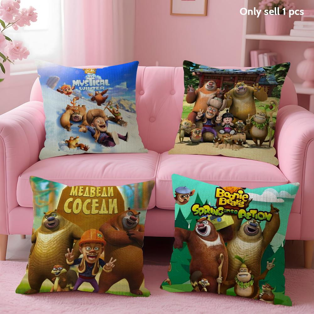 B-Boonie B-Bears Cushion Cover Summer Coolness Linen Fabric Double-Sided Printing Pillow Case Sofa Home Decor Gift