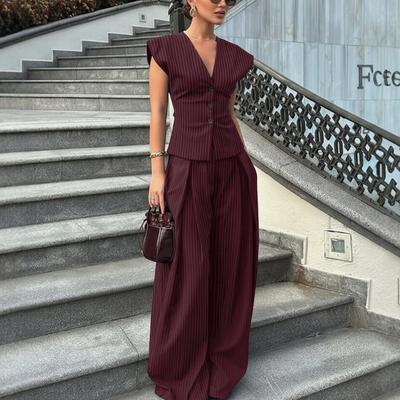 2026 New European and American Cross-border Fashion V-neck Sleeveless Wide-leg Pants Show Thin Waist Temperament Commuter Suit