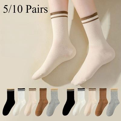 5/10 Paar Maillard-Streifen Einfache Hochelastische Lässige Mädchensocken Koreanischer Stil Socken für Damen