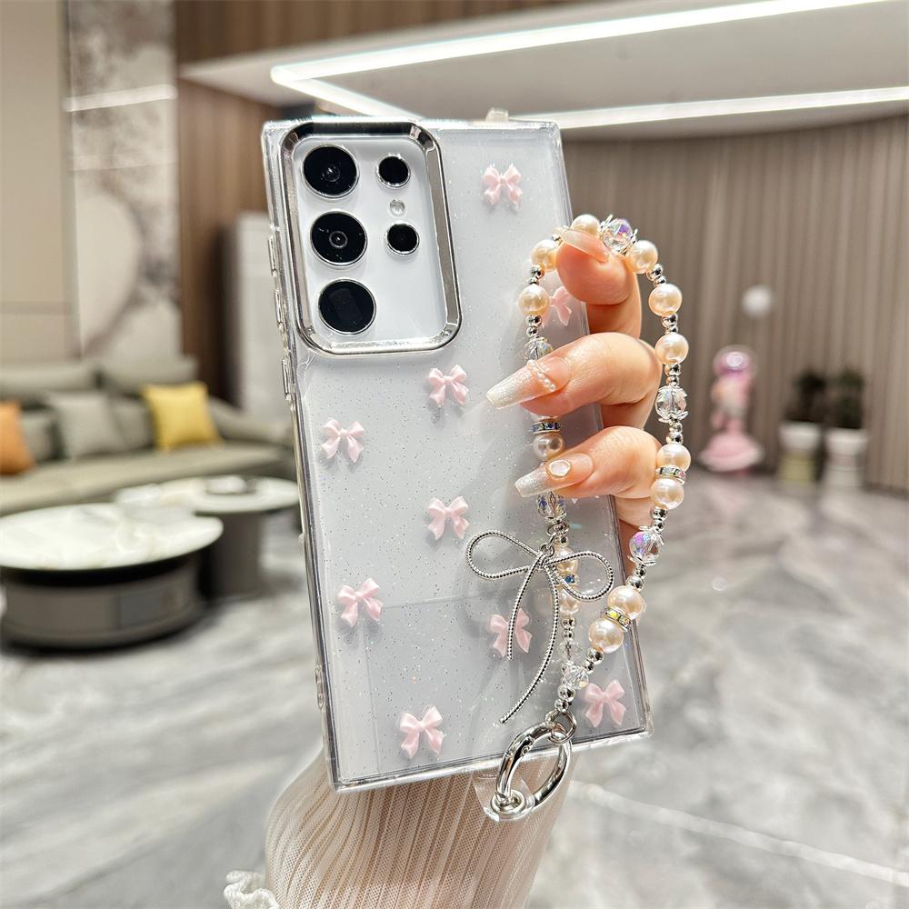 Cute Bowknot Bracelet Transparent Case for Samsung Galaxy S24 Ultra S23 Plus S22 FE A15 A16 A25 A35 A55 A13 Wrist Chain Cover