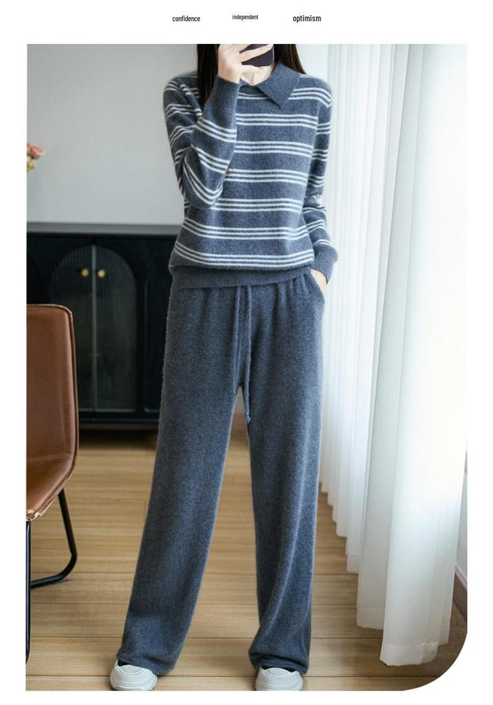 Small Lapel Color Block Stripe Wool Sweater - Autumn/Winter Long Sleeve Slim Fit Pullover for Women