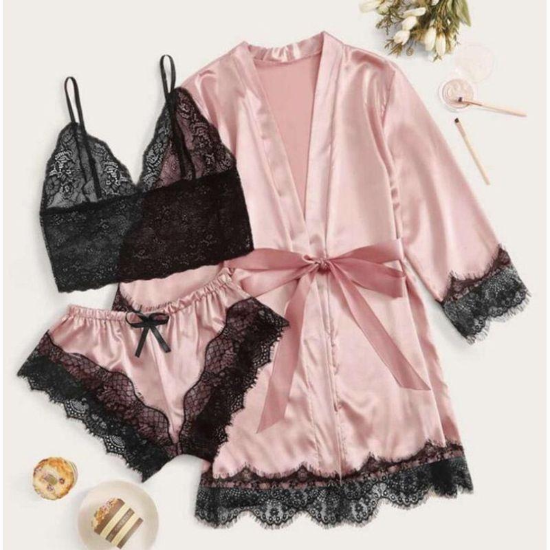 

Ladies Sexy Lace Pajamas Three-Piece Suit Sexy Lace Pajamas Suit Lotus root color(Fabric is hard) M