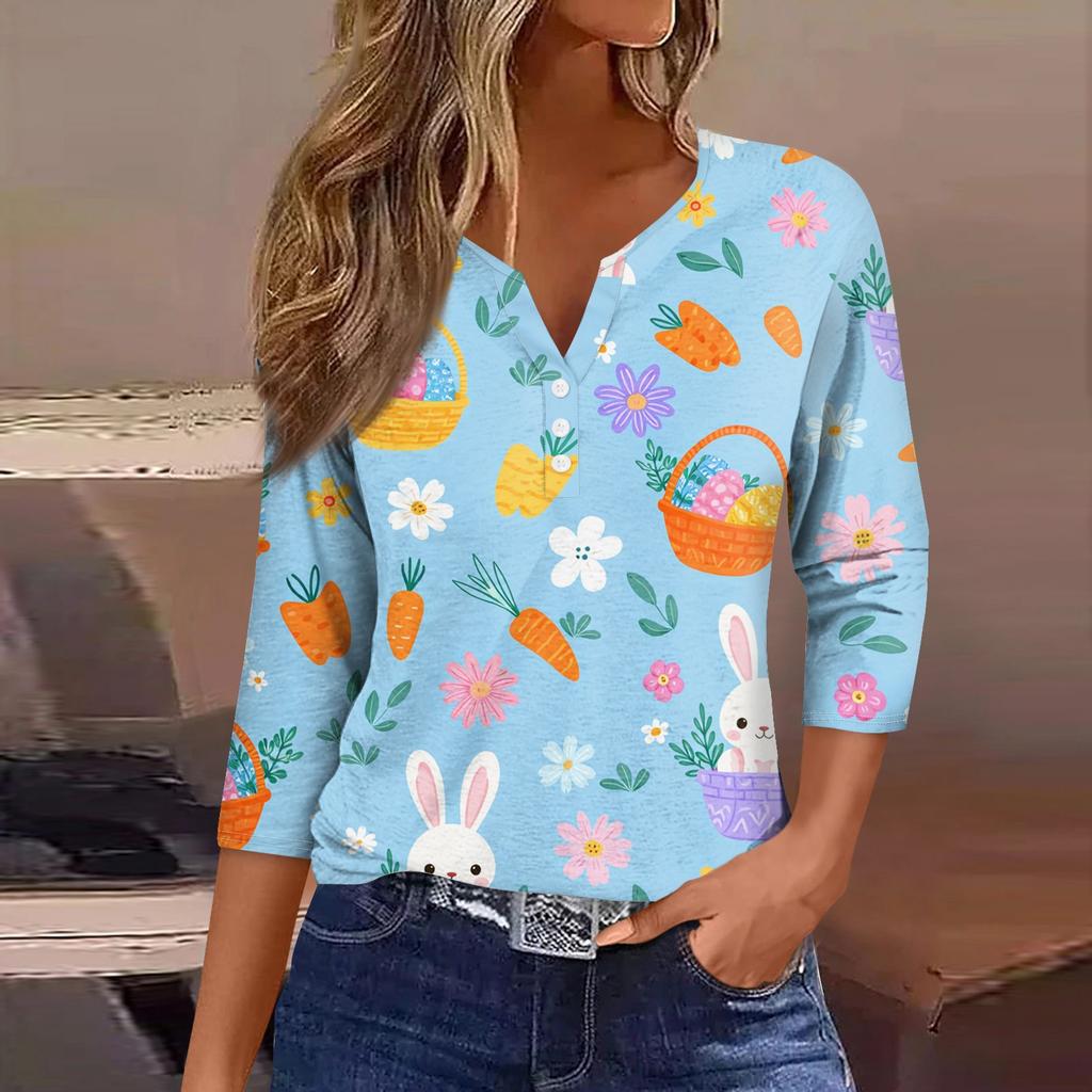 Women's Fashion Casual Easter Printed V-neck Short Sleeve Decorative Button Seven Sleeve T-shirt Top