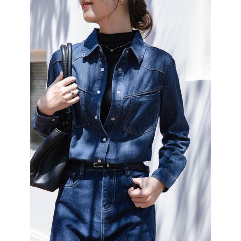 Women s French Retro Blue Denim Shirt - Autumn/Winter Layered Design, Versatile Commuter Top M синий