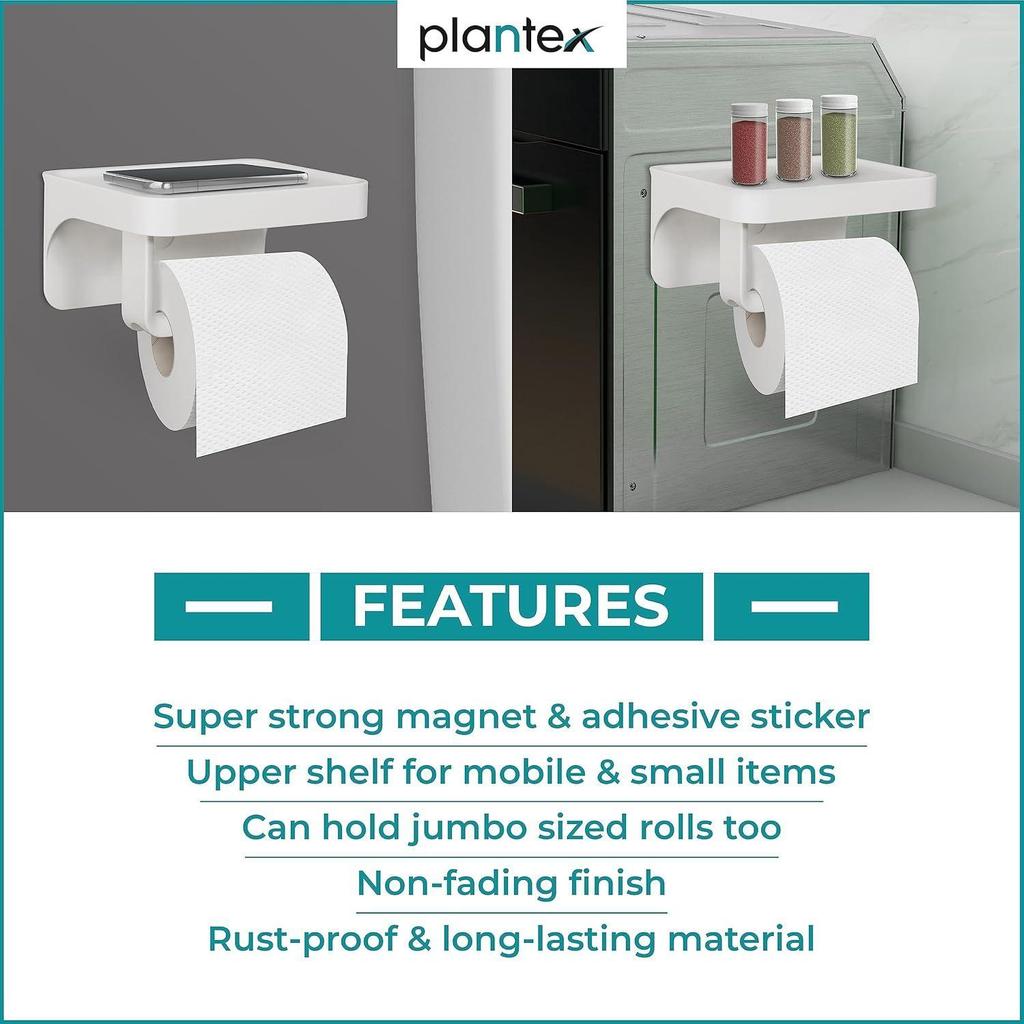 ABS Plastic Toilet Paper Holder for Bathroom/Magnetic and Shelf-Adhesive Tissue Paper Roll Holder Stand for Toilet - Pack of 1 (White)