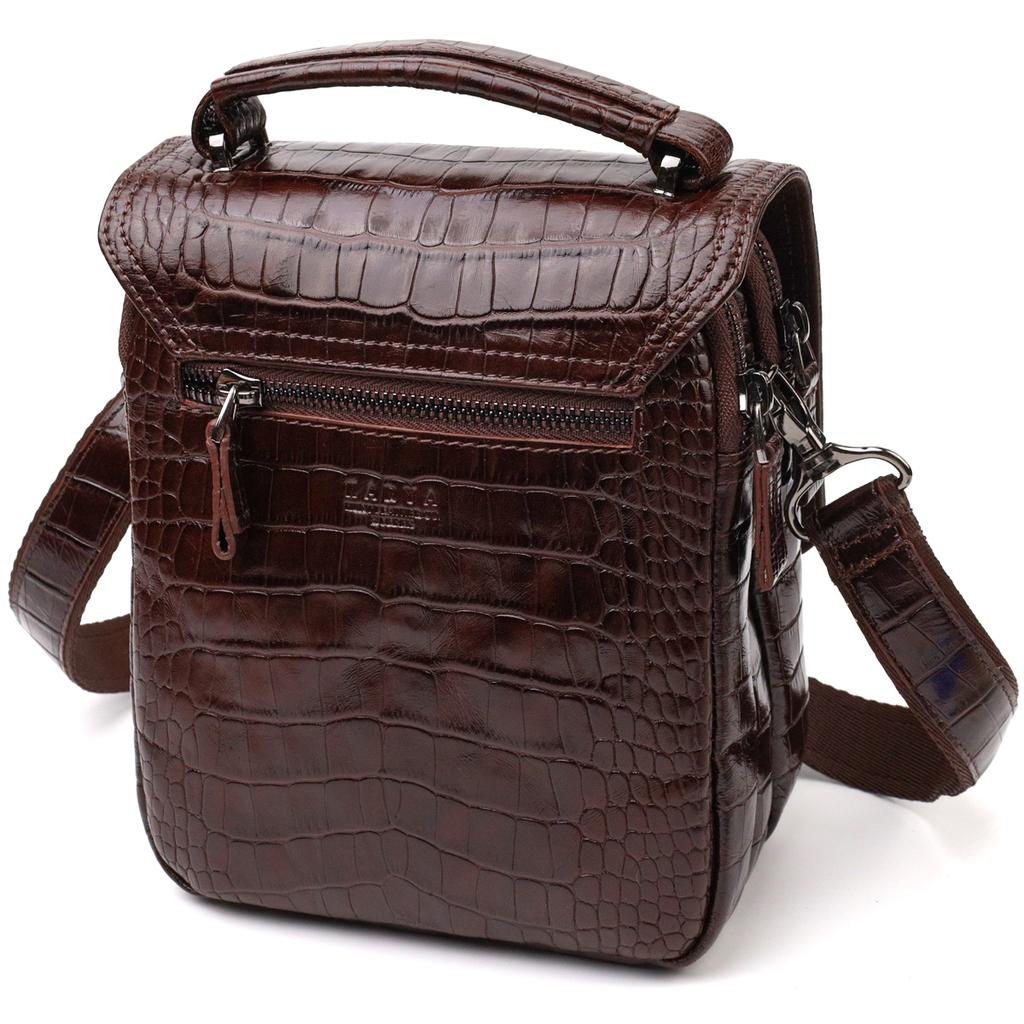 Men's Vertical Bag Made of Genuine Leather with Crocodile Embossing KARYA 21946 Brown