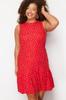 Women's Style Plus Size Red Polka Dot Printed Zero Sleeve Flounced Shift Plain Mini Flexible Knitted Dress