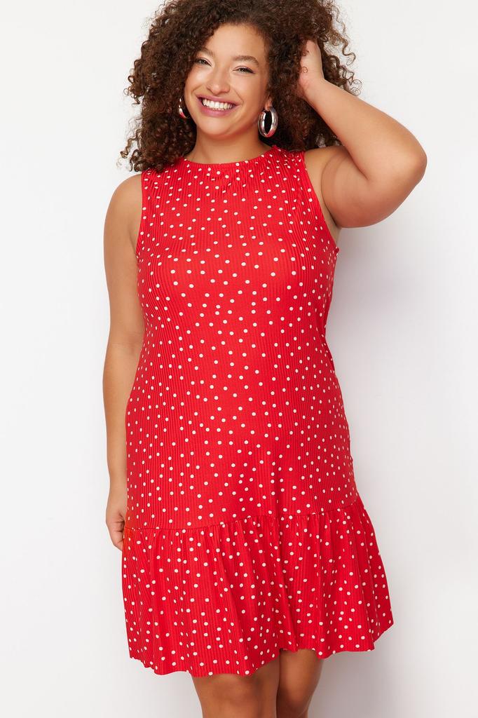 Women's Style Plus Size Red Polka Dot Printed Zero Sleeve Flounced Shift Plain Mini Flexible Knitted Dress