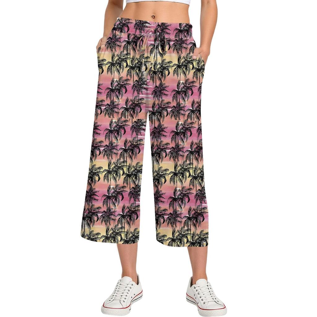 Pantalon d'été pour femme à taille haute, imprimé, décontracté, sportswear, pantalon court décontracté, pantalon ample