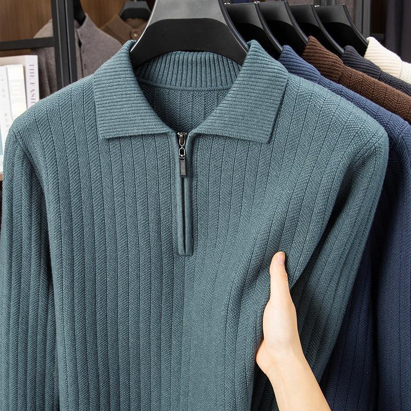 Men's Mid-Aged Half-Zip Knit Polo Shirt - Thick Solid Color Sweater for Autumn and Winter