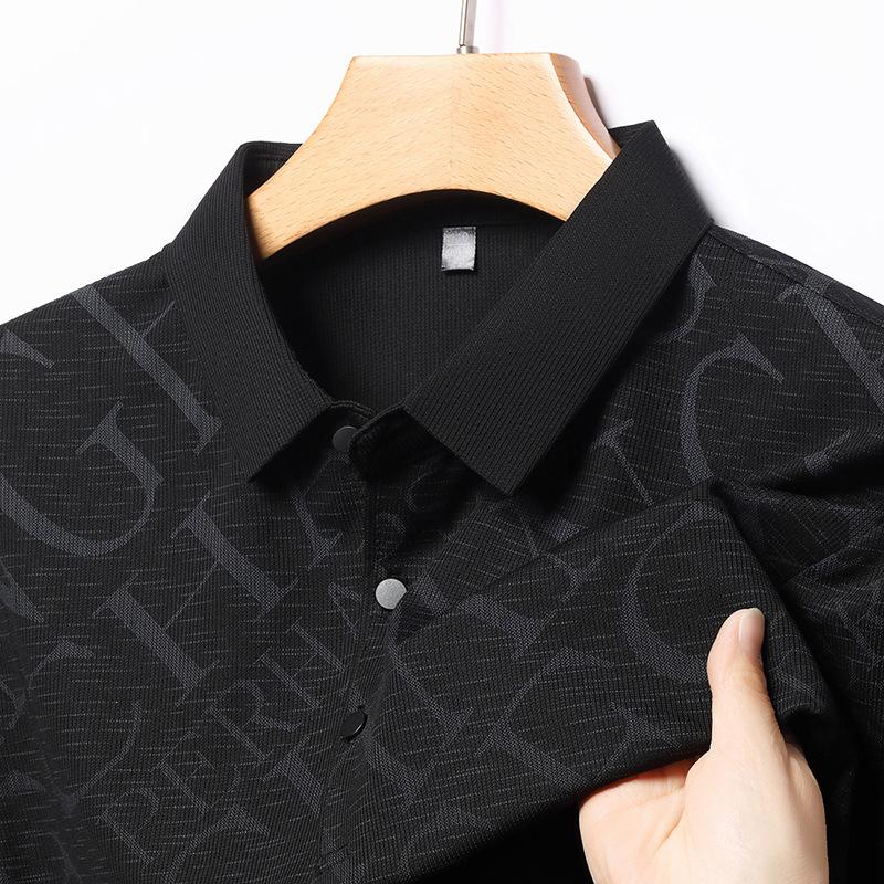 Business Casual Short-Sleeved Men'S Lapel Breathable Polo Shirt Loose Half-Sleeved High-Elastic Printed T-Shirt