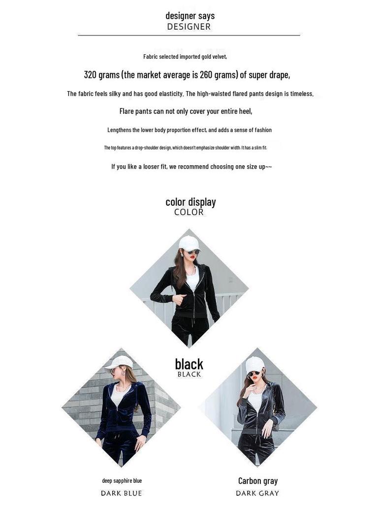 Dámská zlatá sametová mikina s kapucí a rovné kalhoty dvoudílná sportovní souprava na jaro a podzim