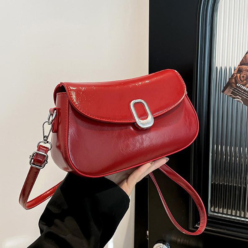 French Light Luxury Red Shoulder Bag for Women Simple Solid Color Oil Wax Leather Party Handbag Elegant Fashi Crossbody Bags