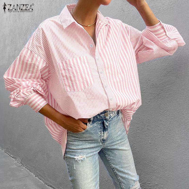 ZANZEA Damen Kentkragen Langarm Lässige Gestreifte Bluse
