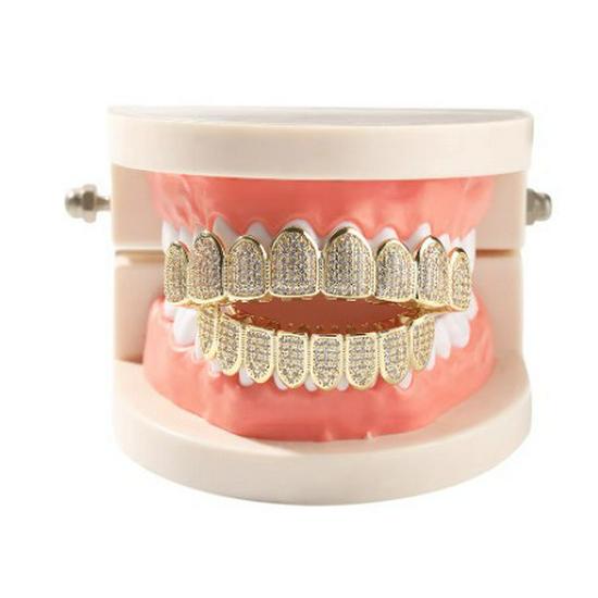 

Gold Eight Teeth Hip Hop Grillz with Zircon Pave – Perfect for Halloween
