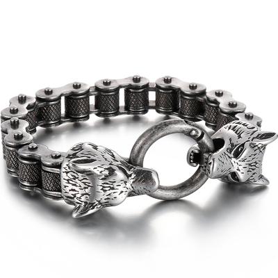 Gothic Double Wolf Head Design Stainless Steel Men's Bike Chain Bracelet Vintage Black Color