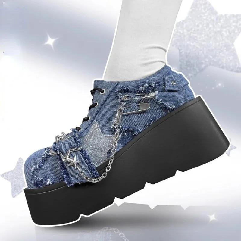 Punk Metal Chain Chunky Platform Ankle Boots Women  Autumn Y2K Thick Bottom Denim Boots Woman Black Gothic Lolita Shoes