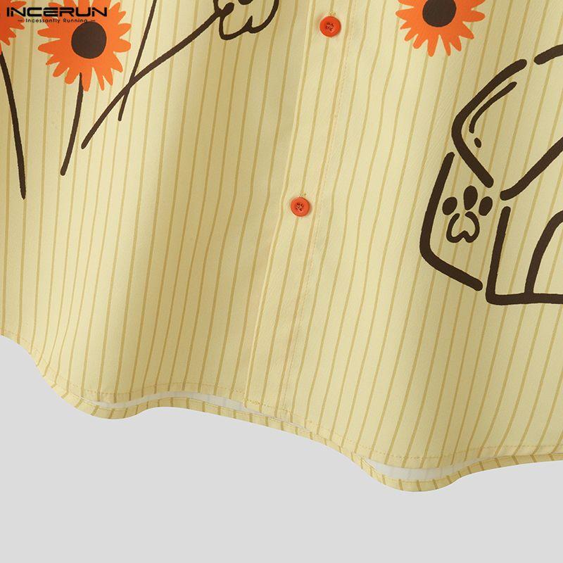 INCERUN Oversized Men Lapel Neck Short Sleeve Cartoon Print Casual Loose Shirts