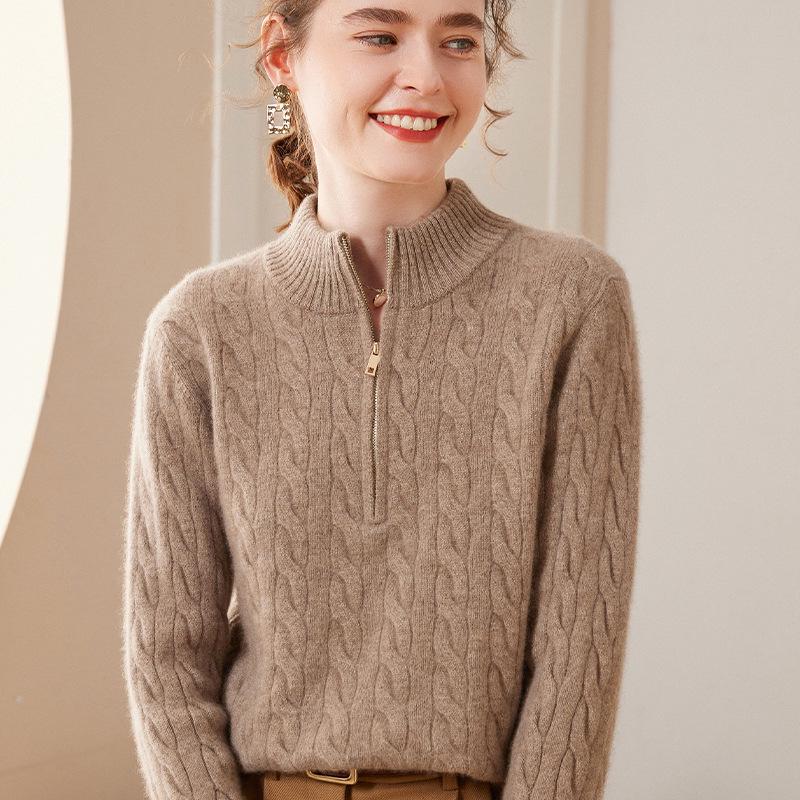 Women's Cable Knit Cashmere Zipper Sweater – Thick High Collar, Warm and Loose for Autumn Winter