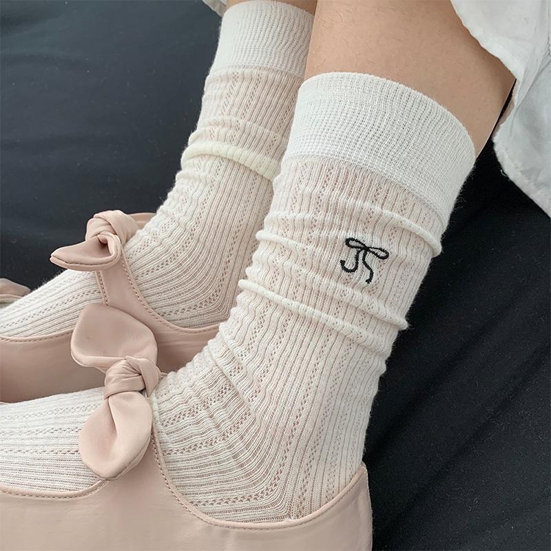 Women Socks Hollow Out Mesh Breathable Black White Gray Long Socks Cute Bow Embroidery Sweet Girls Kawaii Middle Tube Socks Sox