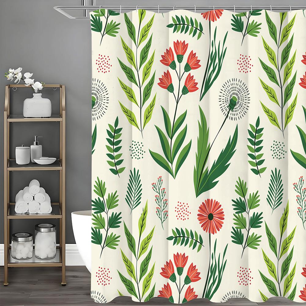 

Green And Fresh Flowers Shower Curtain Washable Dirt-Resistant Shower Head Waterproof Polyester Bath Curtain For Home Decor W60H190(CM)-1 Pcs