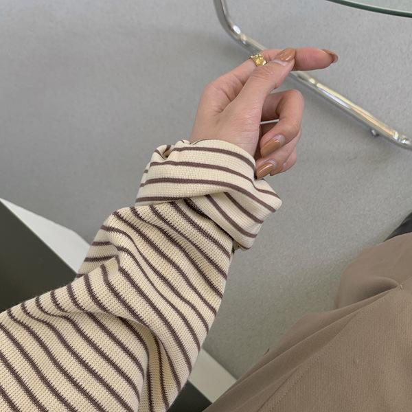 Tricou de damă cu dungi, croială largă, mâneci lungi - Gât rotund, strat versatil pentru primăvară/toamnă/iarnă