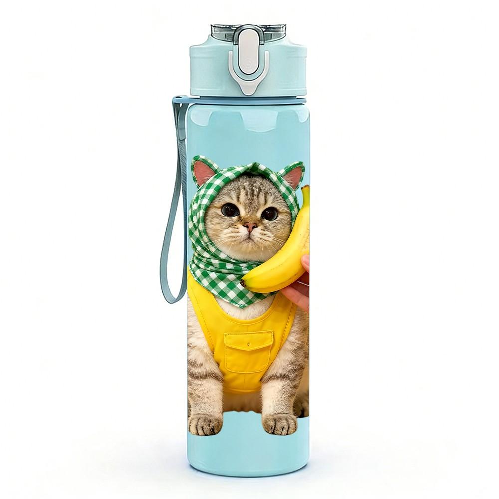 1PC Cute Cat With Banana 750ml Color Plastic Sports Water Bottle Leakproof Flip Straw Lid Suitable for Sports Office Home Use