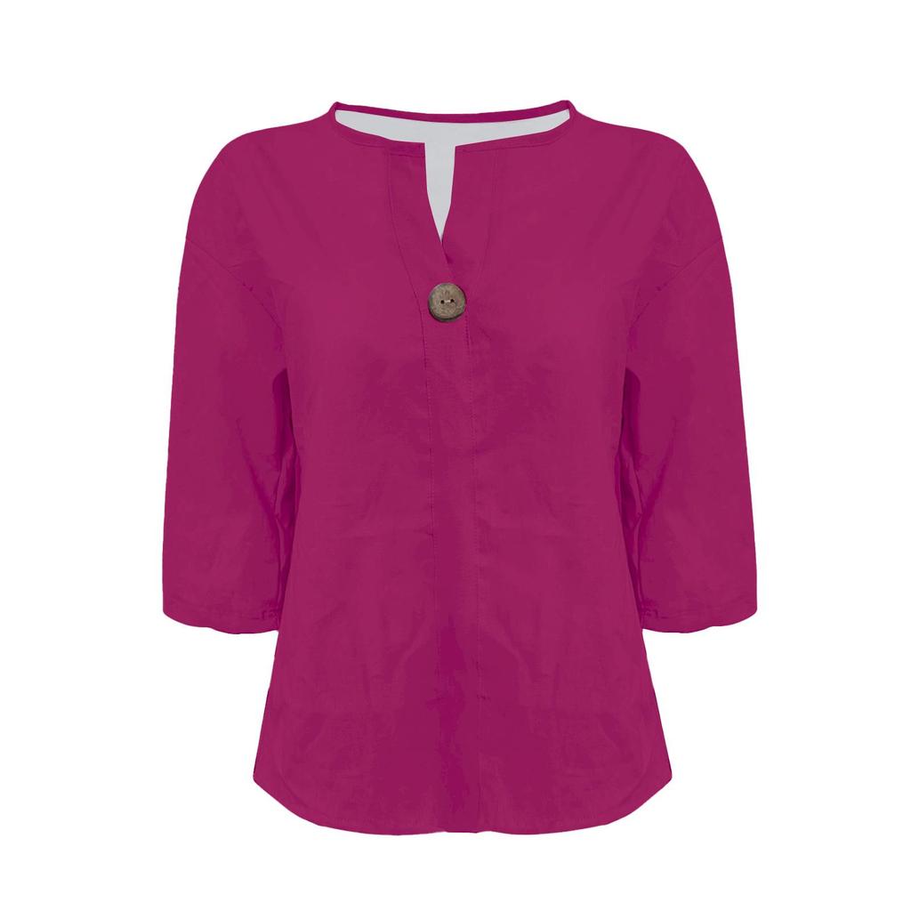 2026 Women's European & American V-neck Cotton Linen Button-up Loose T-shirt