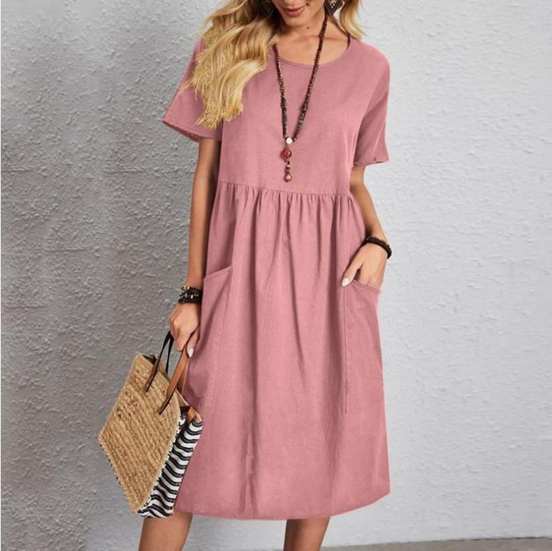 Kvinners avslappet kjole med korte ermer og løs passform med lommer, rund hals, rynkekant i midjen i rosa, beige, khaki, marineblå