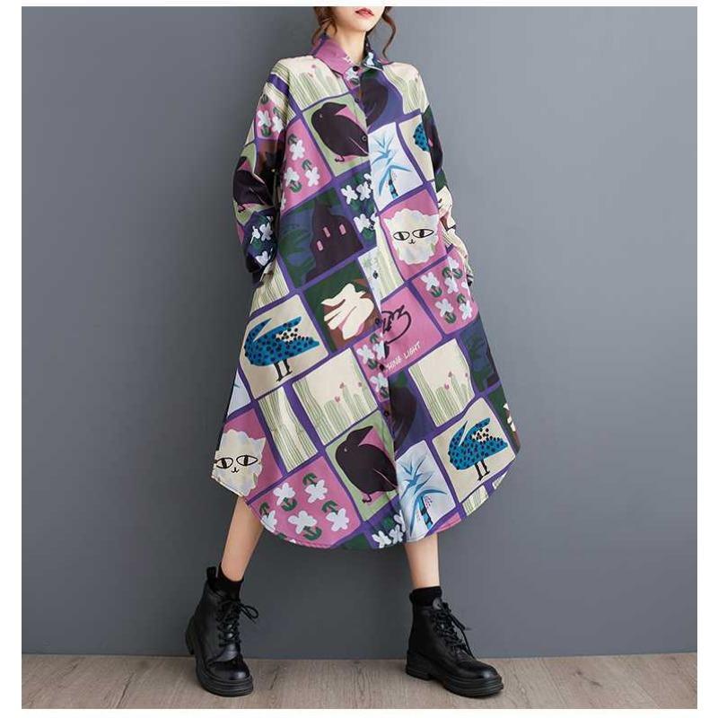 New Loose Large Size Oceanic Printing Mid-length Literary Retro Dresses