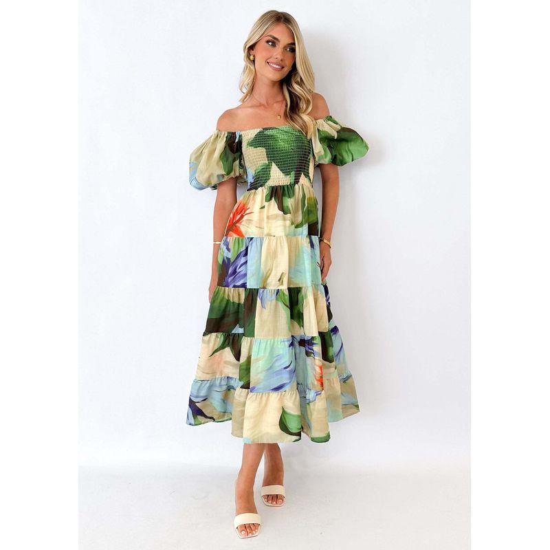 2025 Europe and America Cross Border Spring/Summer New Arrival off-Neck Print Puff Sleeves Silm Mid-Length Tulle Tutu Dress Dress