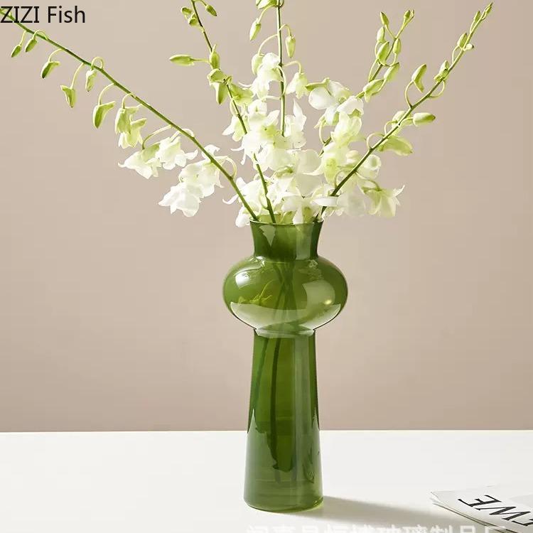 Green Glass Vase Flowers Pots Hydroponic Flower Vessels Desk Decoration Flower Arrangement  Floral Vases Room Aesthetic Decor